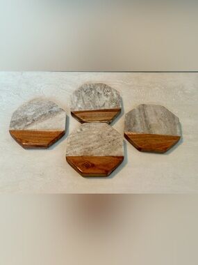 Marble & Wood Coasters Octagon Set of 4 Grey/Brown - Royal Standard